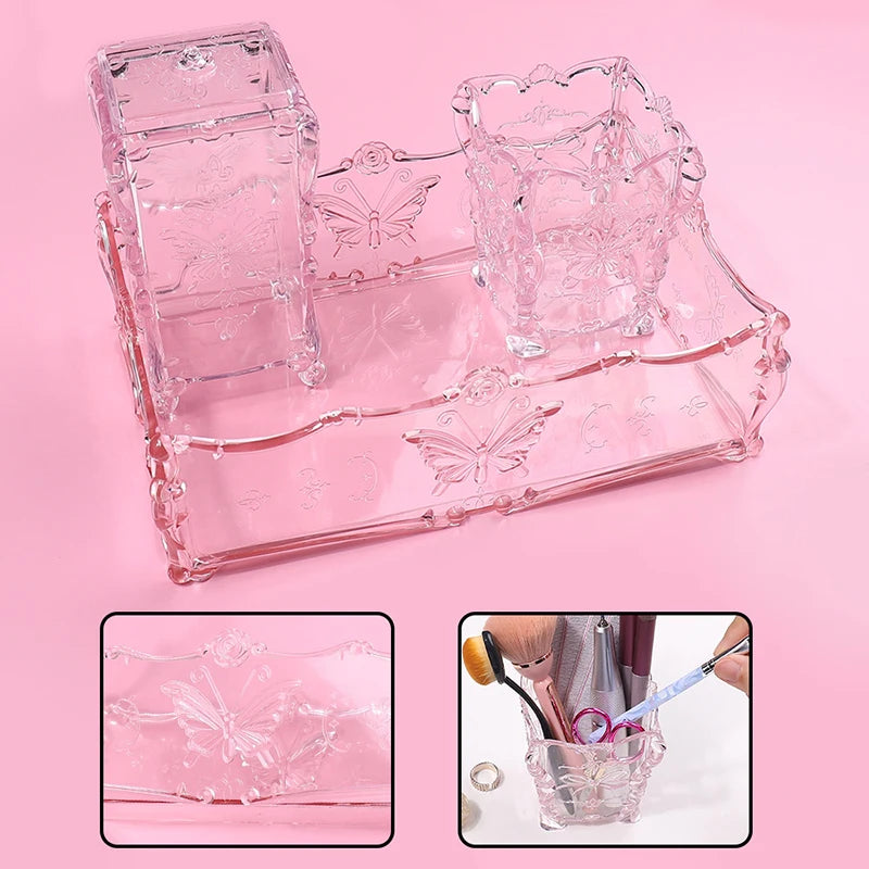 Butterfly Crystal Desk Organiser — Aesthetic Makeup & Stationery Storage Box