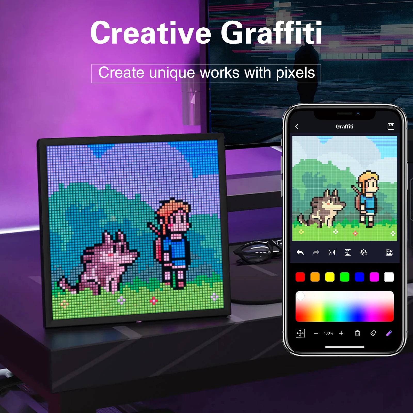 LED Pixel Matrix Display Board, 64x64 RGB Smart Art Panel for Gaming Room & Desk Decor
