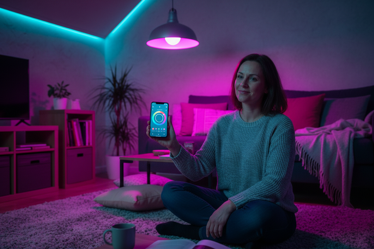 Person controlling smart RGB bulb colour via smartphone app